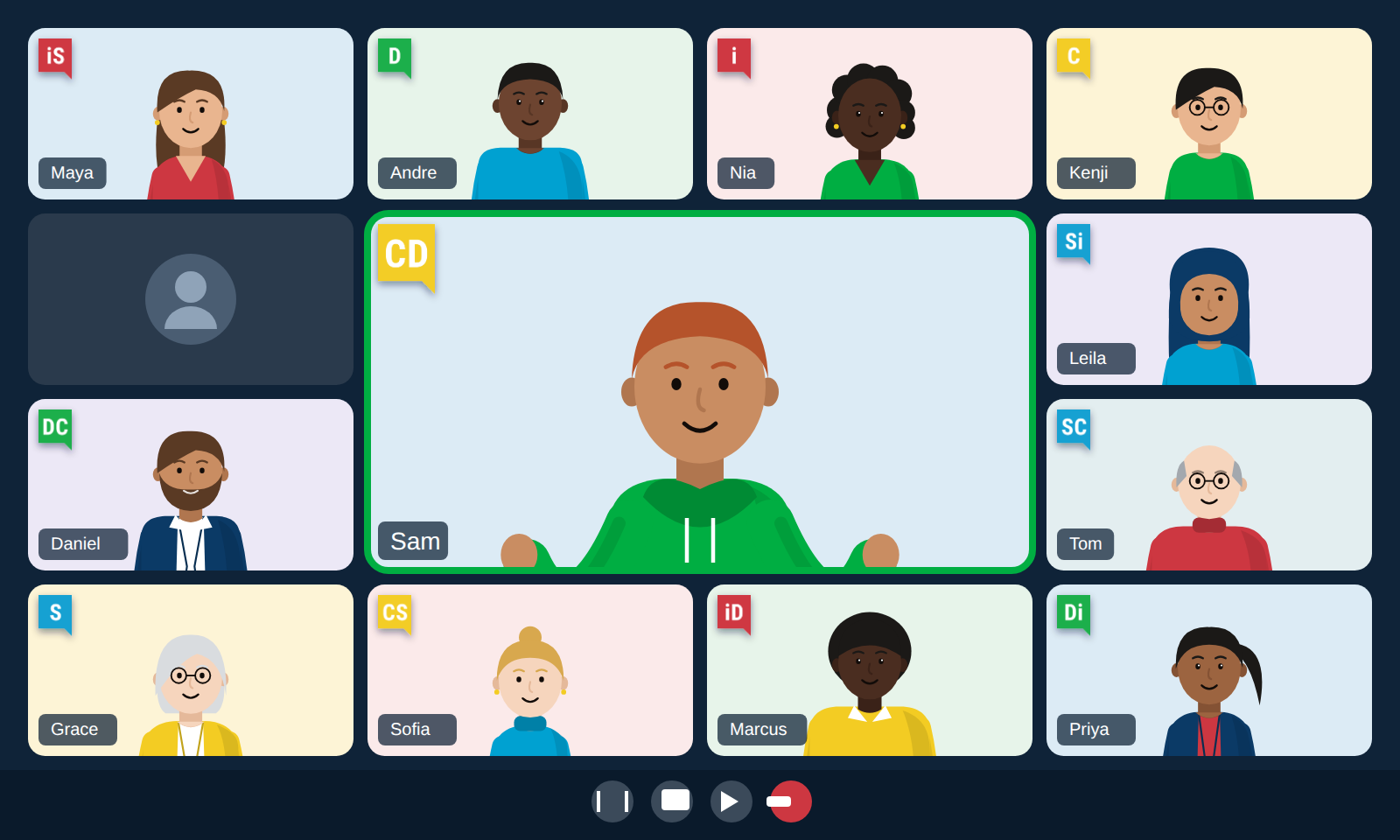 A facilitator at the center of a video call with the team around her