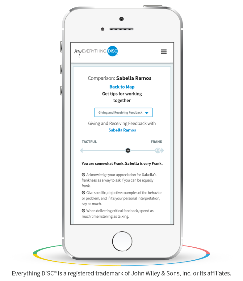 MyEverythingDiSC on a phone: comparison tips for working with a colleague