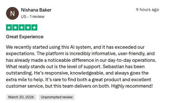 Five-star Trustpilot review from Nishana Baker: platform is informative and user-friendly, and Sebastian's support stands out.