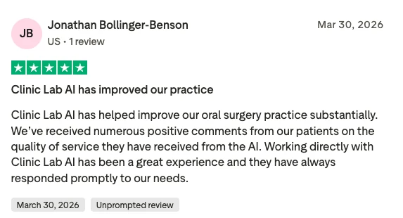 Five-star Trustpilot review from Jonathan Bollinger-Benson: improved the oral surgery practice, prompt responses.