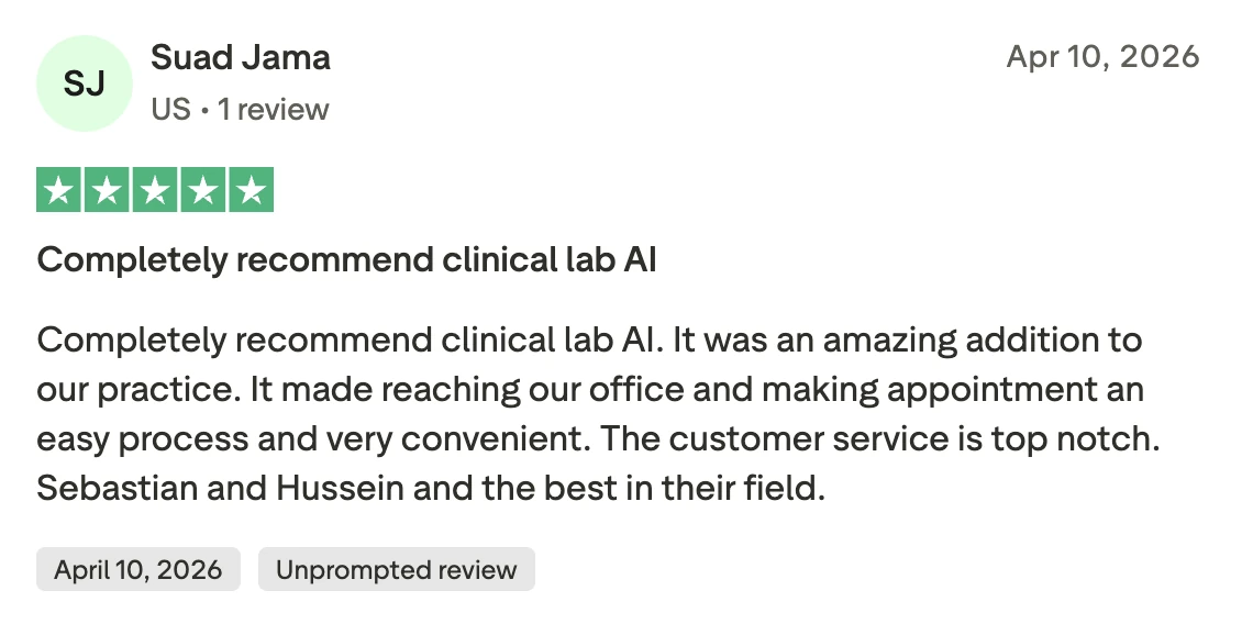 Five-star Trustpilot review from Suad Jama: easy to reach the office and book appointments, top-notch customer service.