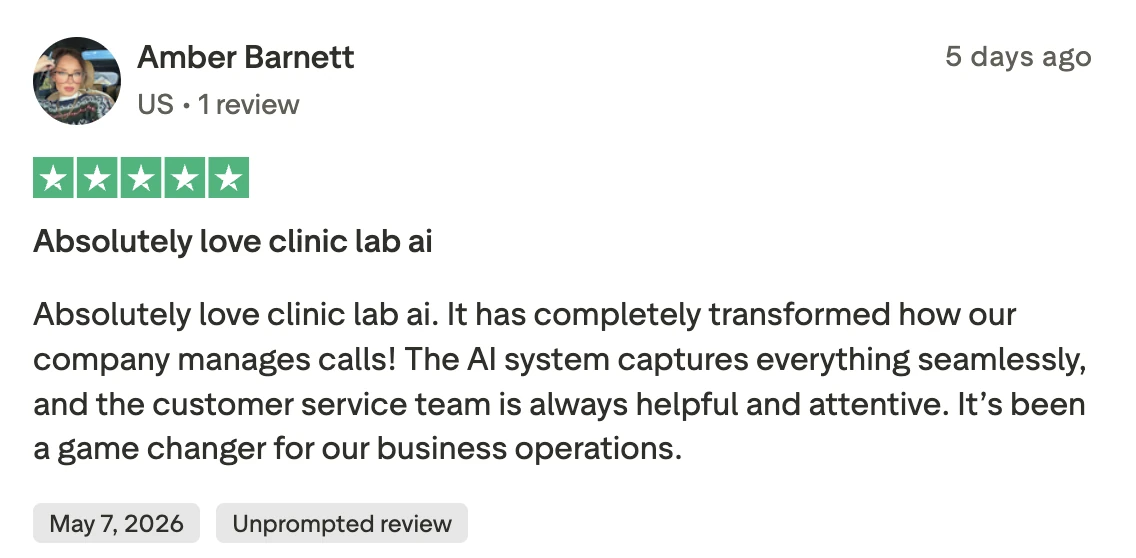 Five-star Trustpilot review from Amber Barnett: transformed how the company manages calls, attentive customer service.