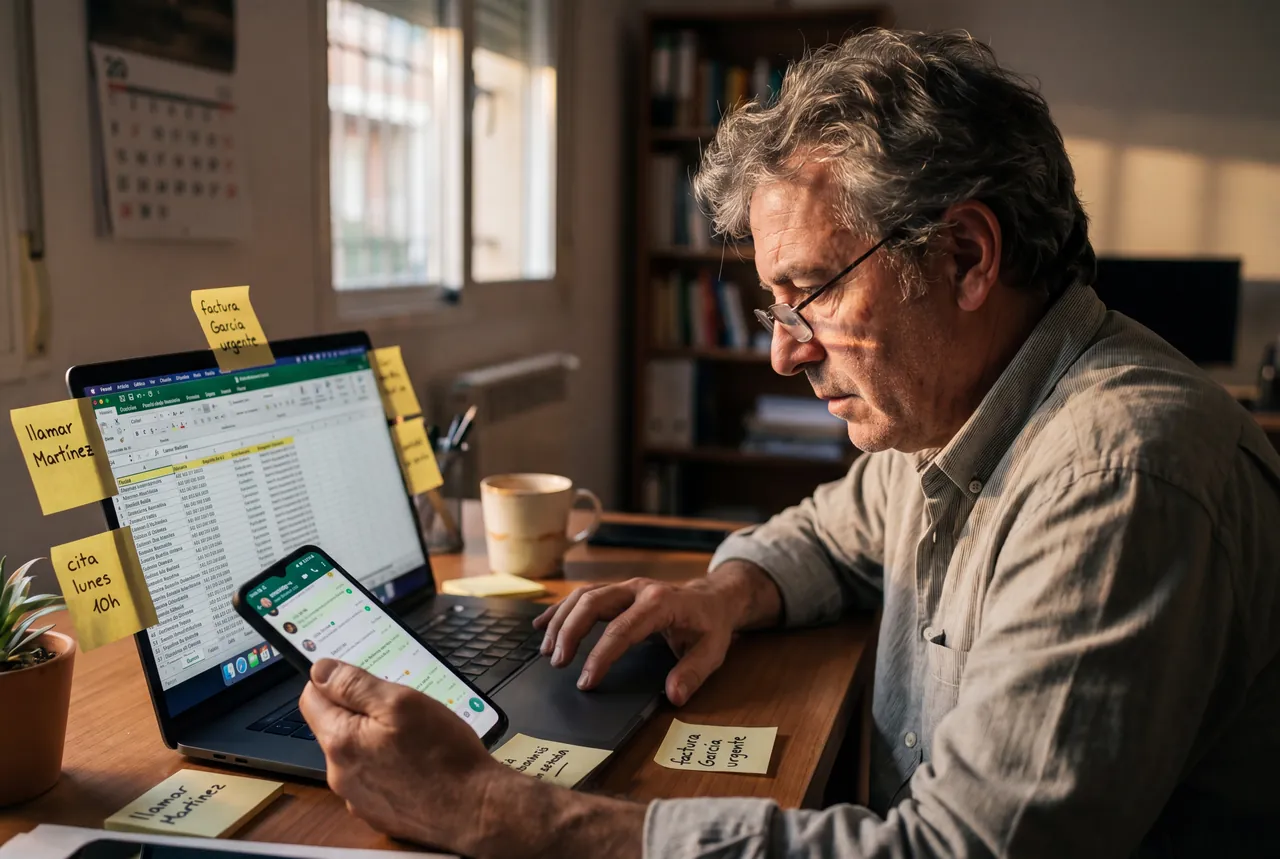 Dueño de empresa en su despacho con móvil, portátil con Excel y notas adhesivas, gestionando todo manualmente