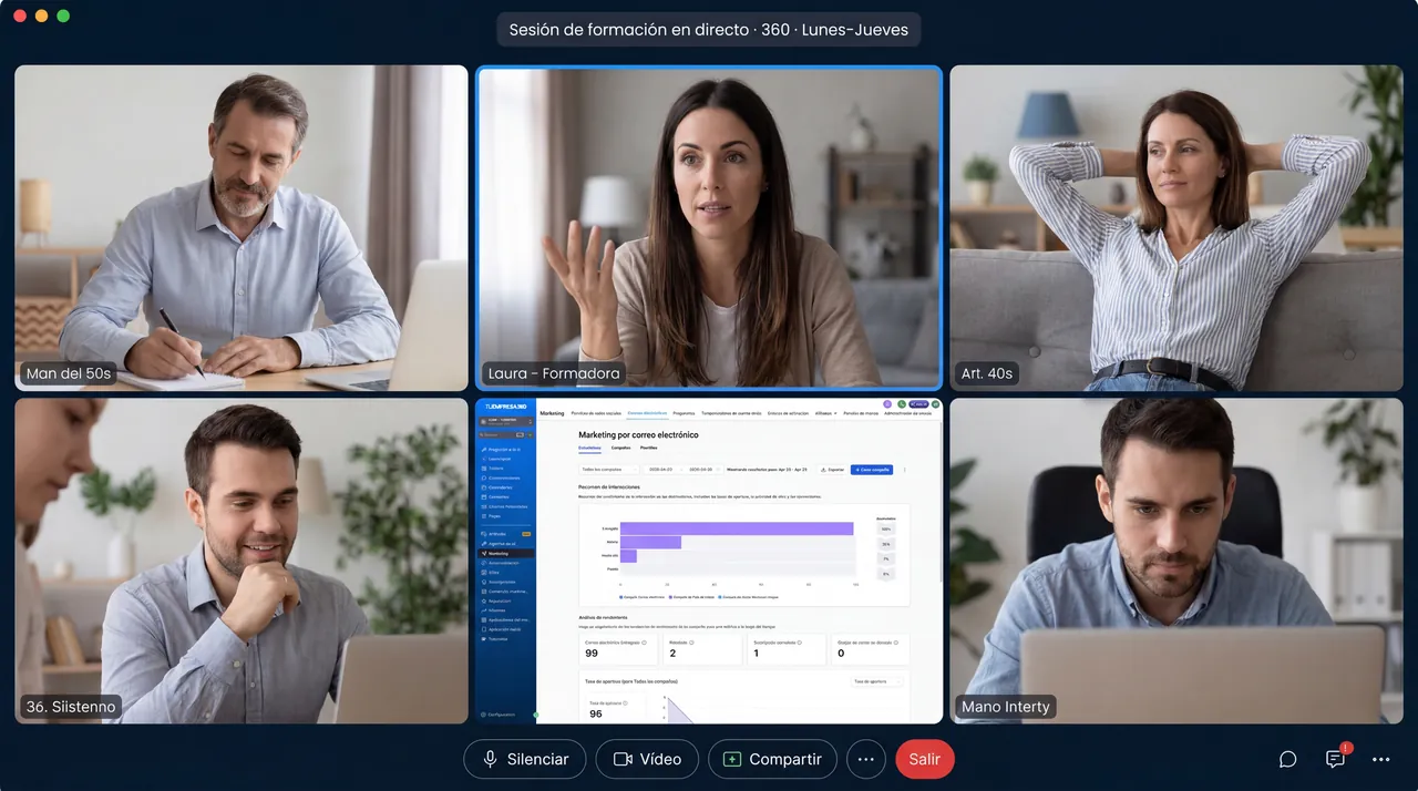 Sesión de formación en directo con varios participantes en videollamada y la plataforma 360 compartida