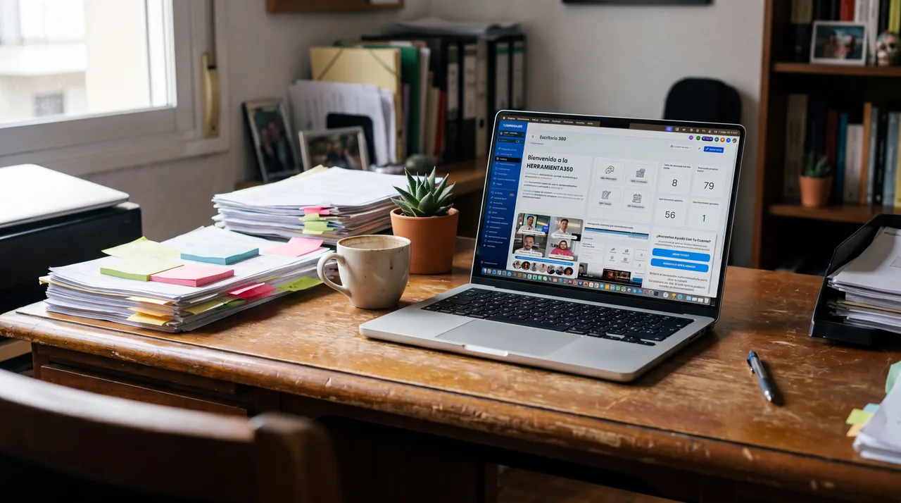 MacBook con el escritorio de 360 abierto sobre una mesa con café y notas