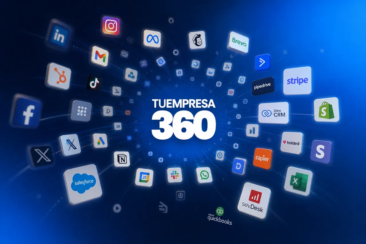 Empresario abrumado por múltiples apps desconectadas: CRM, Excel, WhatsApp, calendarios y herramientas dispersas que no se hablan entre sí