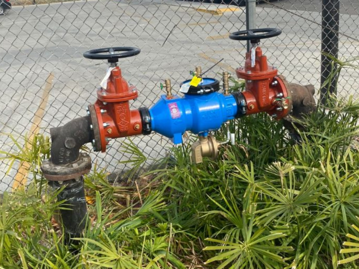 Backflow prevention valve installation with red and blue valves ensuring water system protection and contamination prevention.