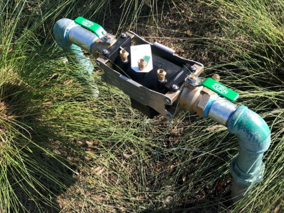 A backflow prevention device camouflaged within tall grass, showing the installation of a water protection system in a more natural or landscape setting.