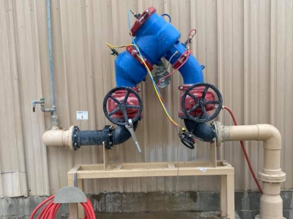 A large blue backflow prevention device installed in an industrial setting, connected to two red valves, demonstrating a commercial water protection setup.