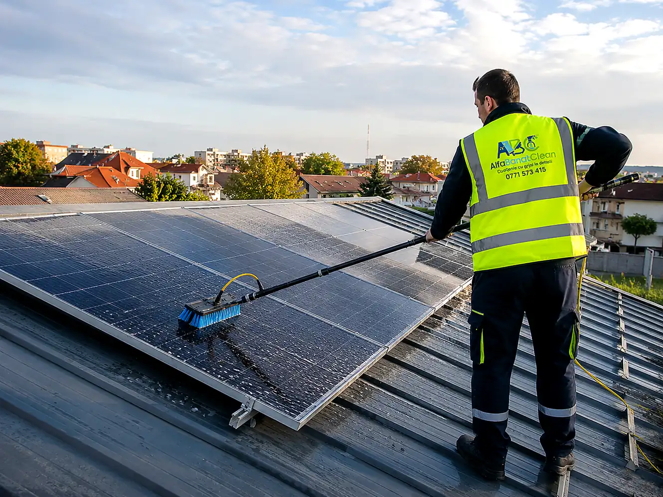 Curățare panouri fotovoltaice în Timișoara pe sistem montat la înălțime