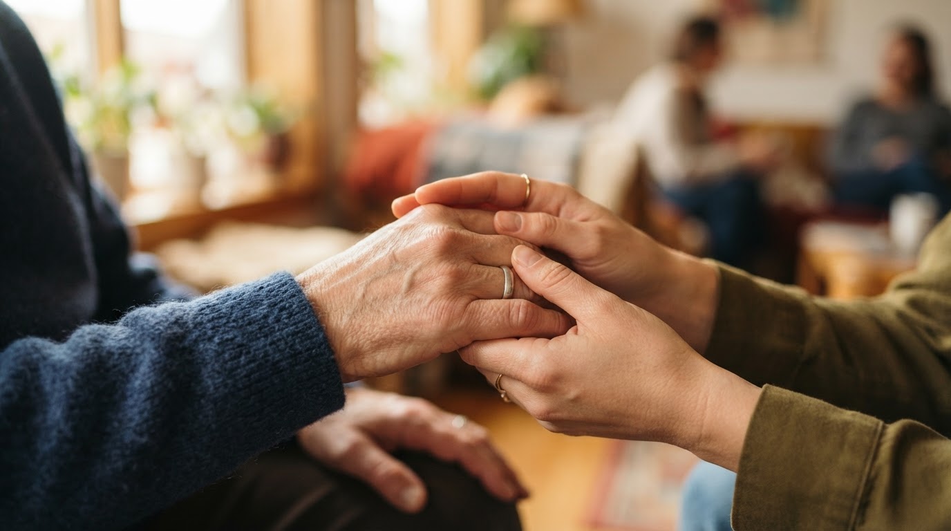 Two hands clasped together in comfort and support — the heart of community care
