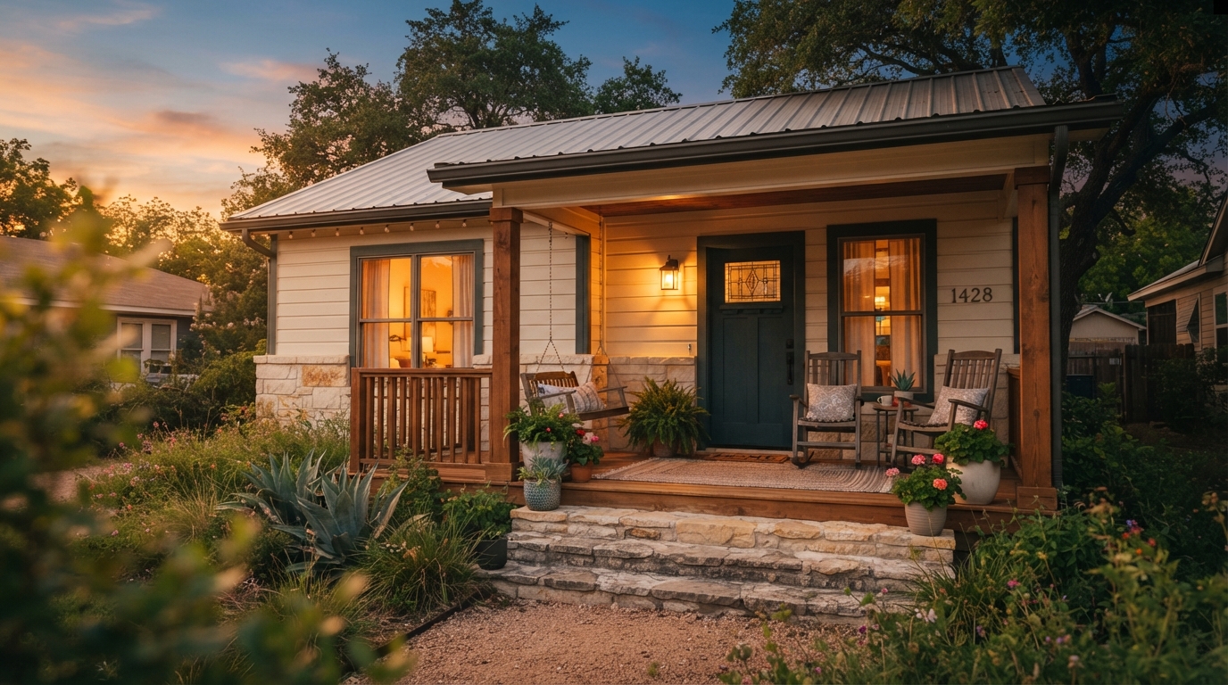 A warm, welcoming front porch glowing at golden hour — a place of safety and homecoming