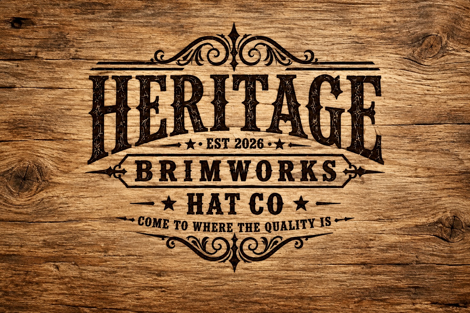 Heritage Brimworks Hat Co. — wood-branded logo, est. 2026, Come to where the quality is