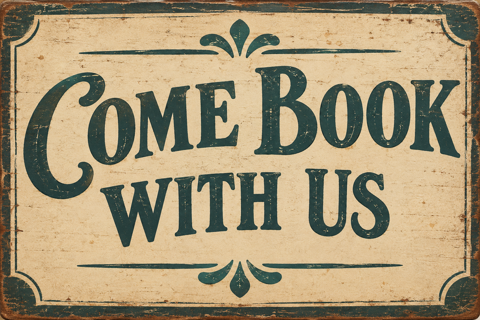 Come book with us — vintage sign