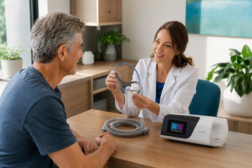 An HME specialist showing a customer a CPAP mask at a consultation desk