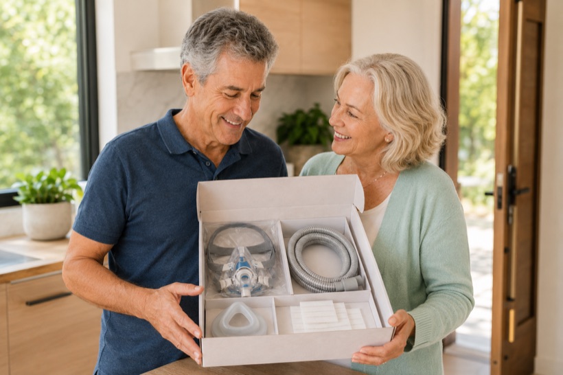 A couple opening a box of fresh CPAP supplies at home