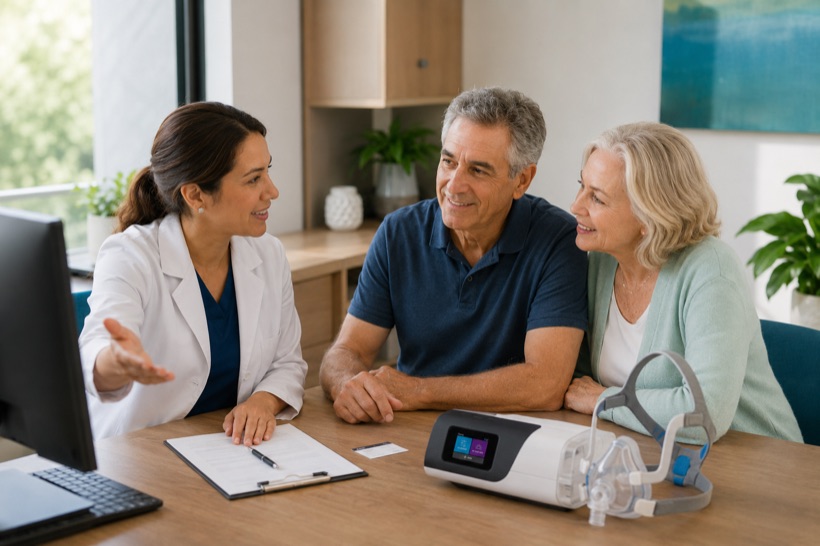 An HME specialist explaining insurance coverage to a couple