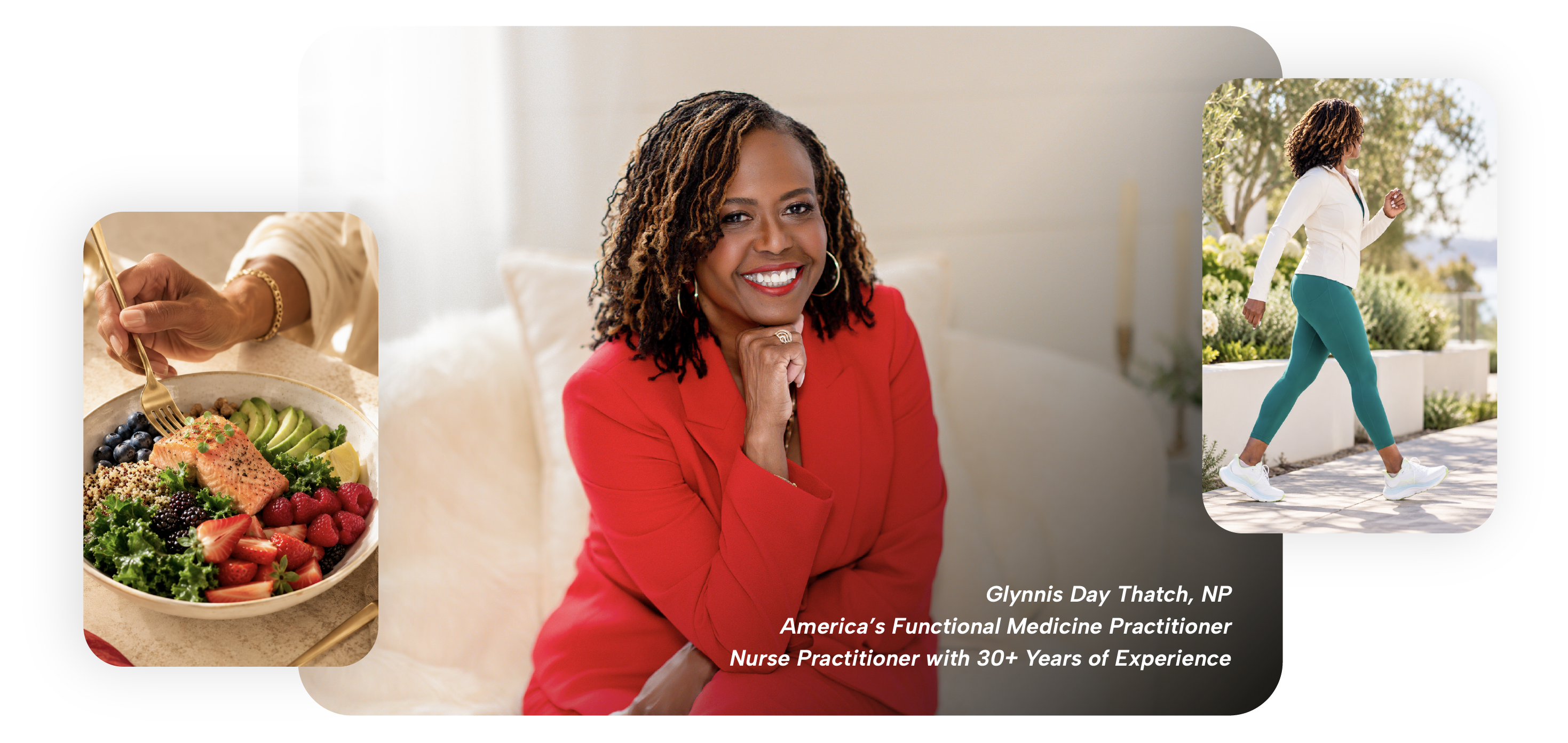 Glynnis Day Thatch, NP, functional medicine practitioner, with healthy food and active lifestyle imagery.