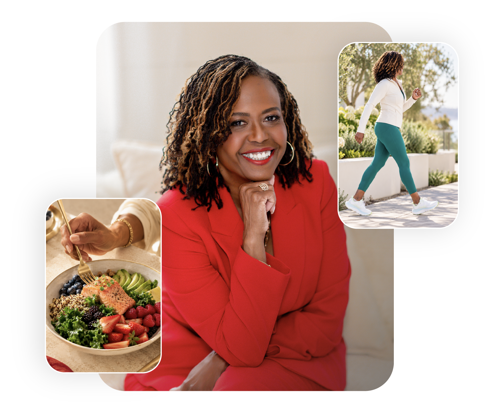 Glynnis Day Thatch, NP, functional medicine practitioner, with healthy food and active lifestyle imagery.