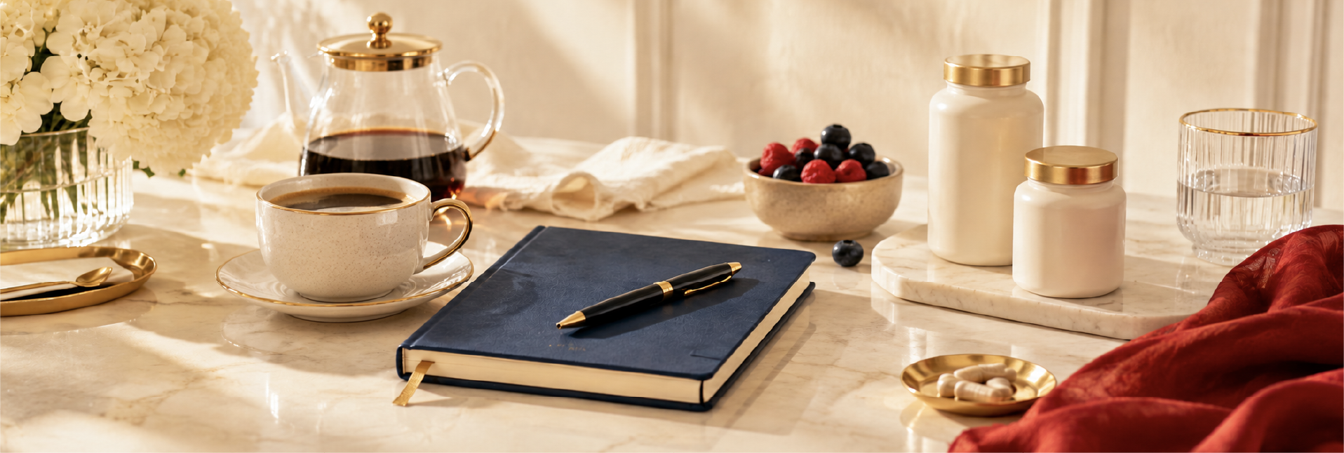 Healthy longevity lifestyle scene with coffee, berries, supplements, water and a journal.