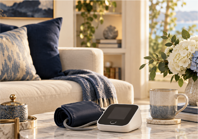 Blood pressure monitor on a coffee table in a bright living room.