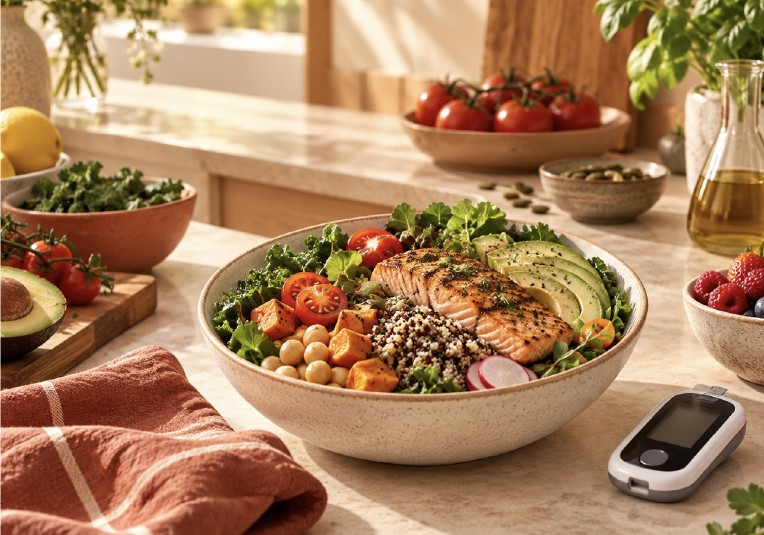 Healthy meal with vegetables, salmon, whole grains and a glucose meter.