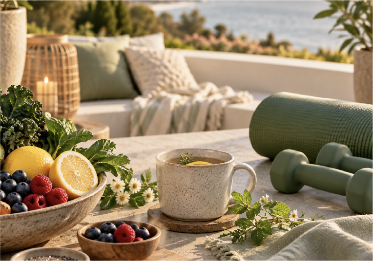 Healthy foods, tea, dumbbells and a yoga mat arranged for a balanced wellness routine.