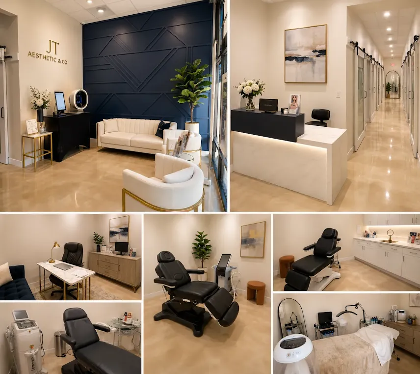 Inside JT Aesthetic & Co. — reception, treatment rooms, and hallway