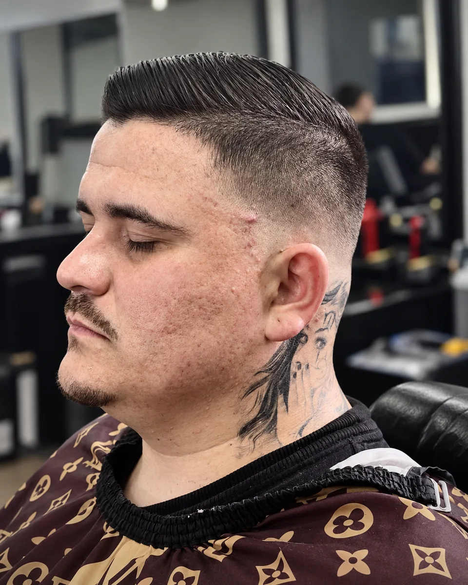 Profile of a classic scissor cut with clean edges and a soft fade