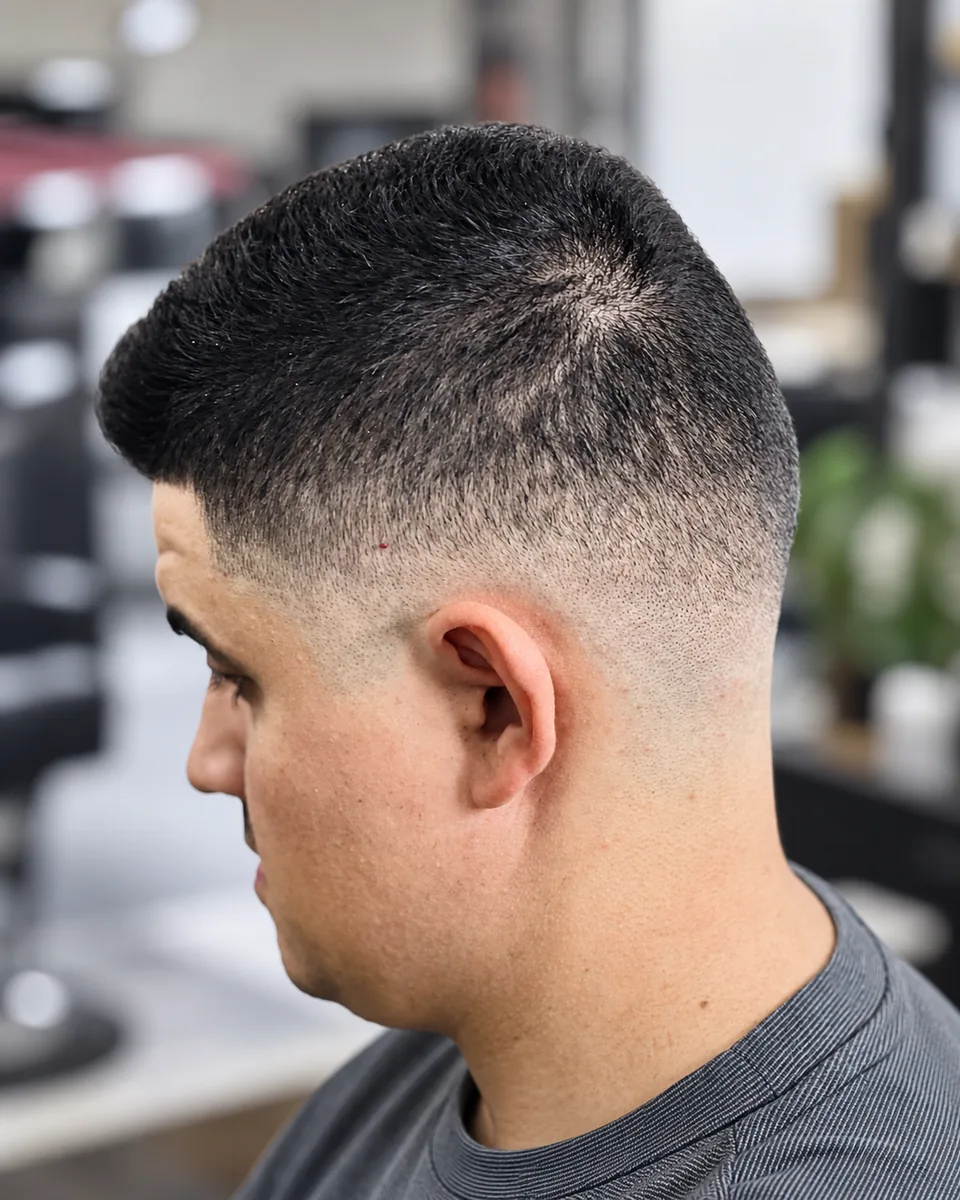 Side view of a smooth fade blending into slicked-back styled hair