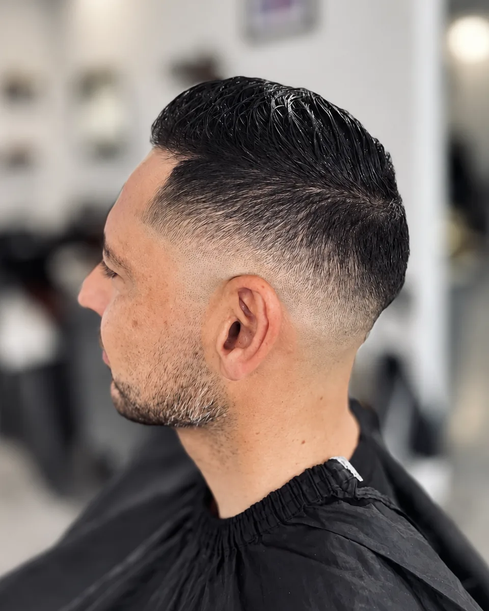 Close-up of a clean skin fade blending into short hair on top