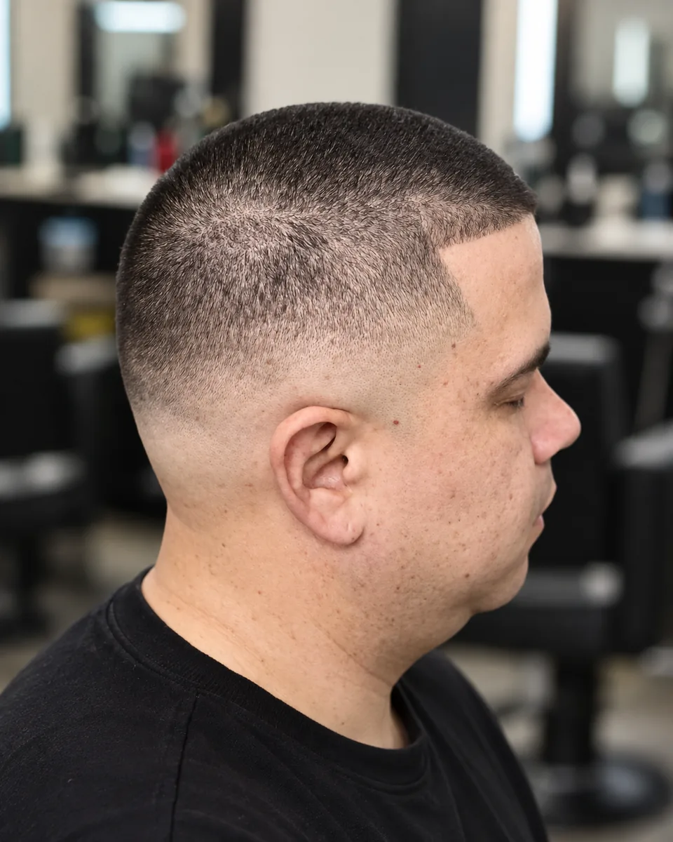Front view of a short textured crop with a defined fade around the temples