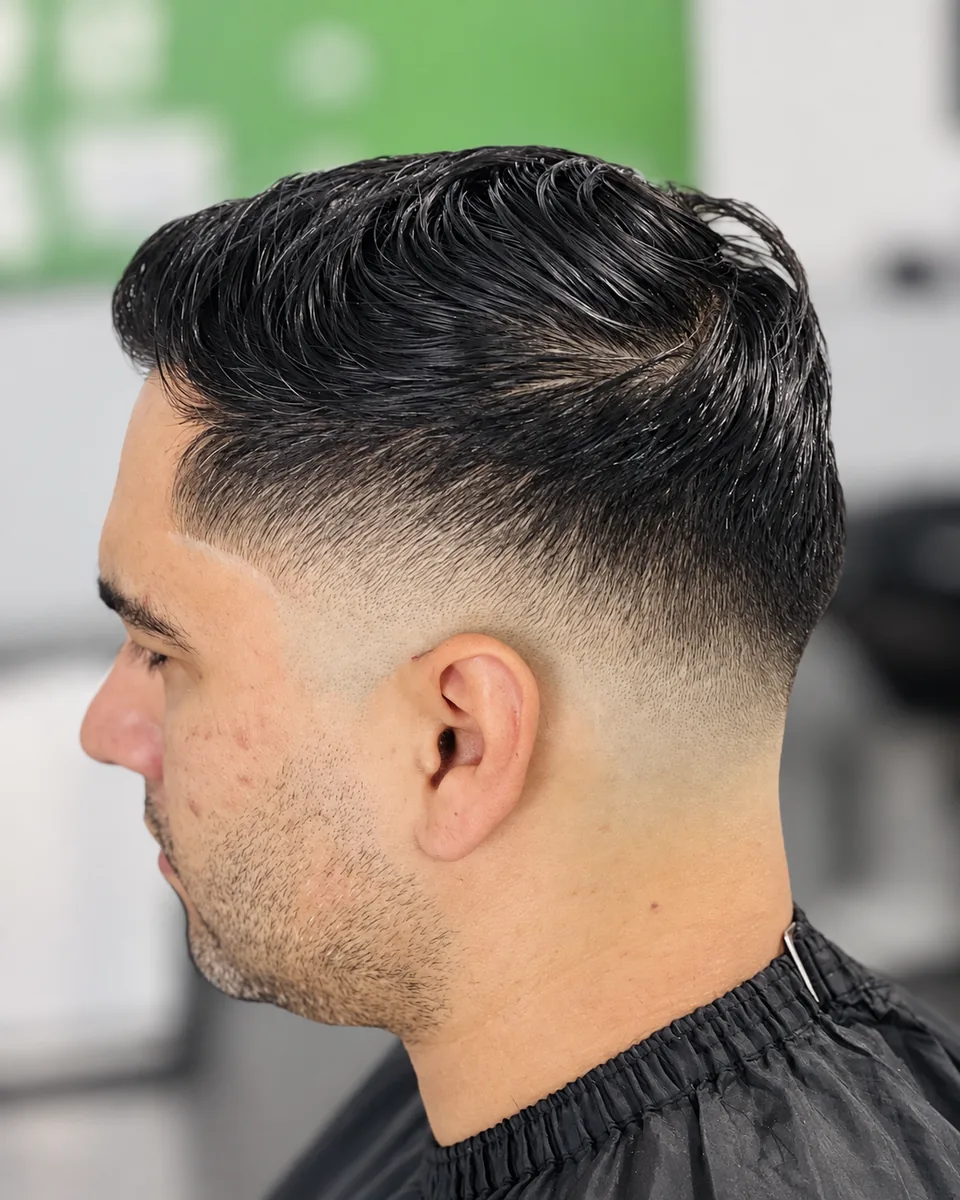 Front view of a neatly styled comb-over with a sharp fade on the sides