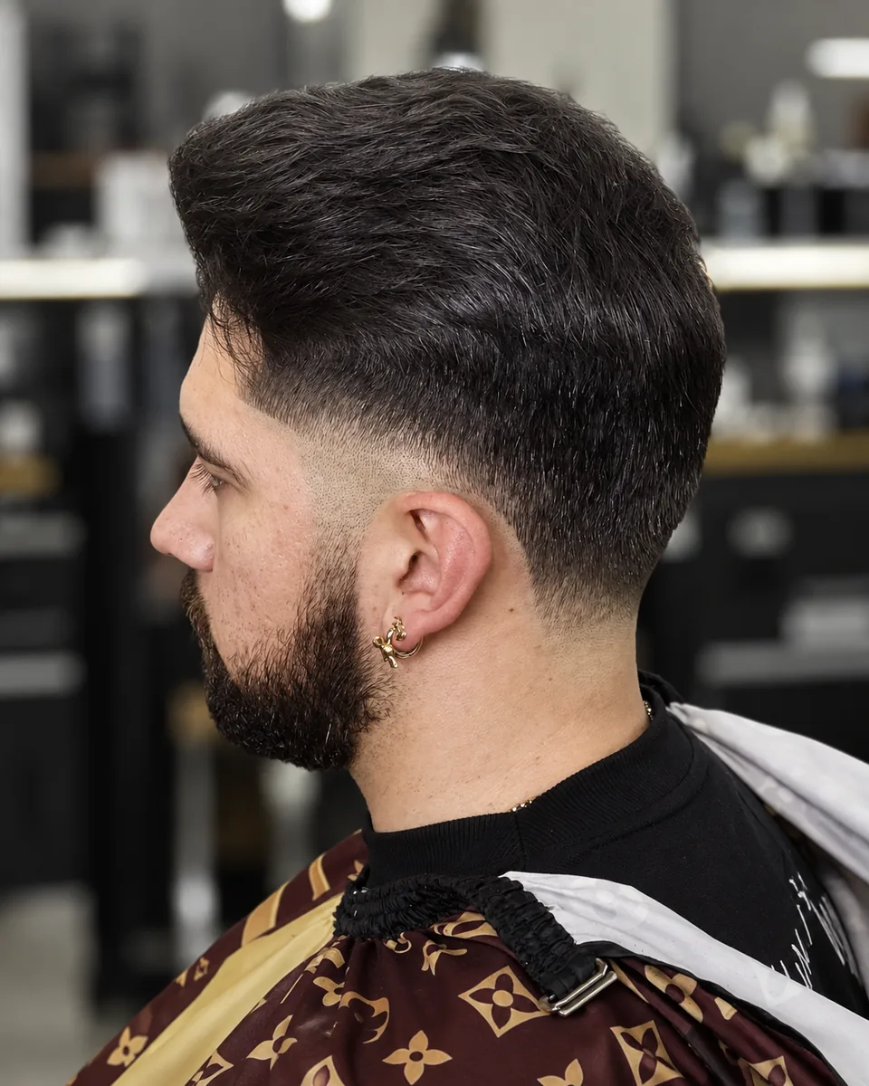 Profile of a precise line up with a smooth fade and neatly shaped sideburns