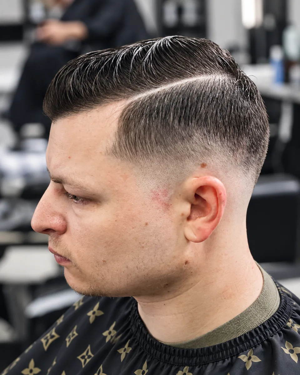 Profile of a mid fade cut with natural curls left longer on the crown
