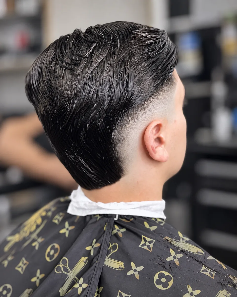 Close-up of a crisp hairline with a hard part and textured finish