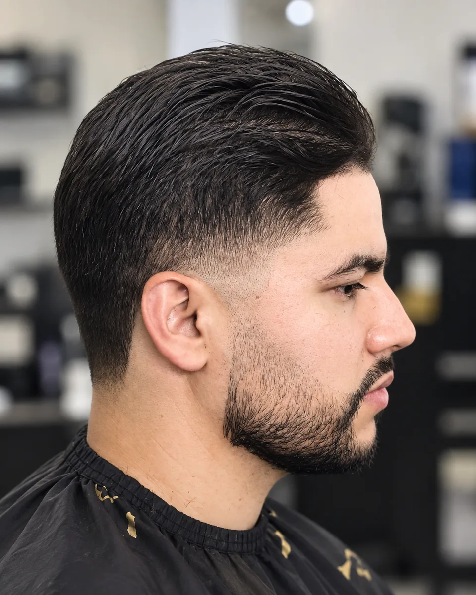 Back-of-head view of a clean nape taper with waves layered on top