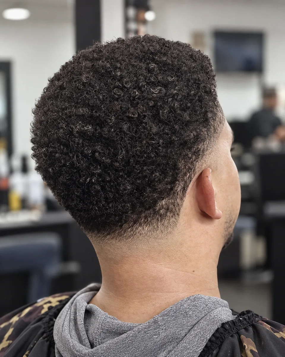 Side view of a voluminous quiff styled with a tight taper on the sides