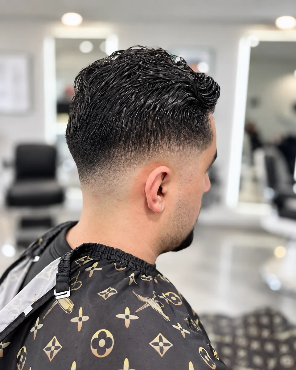 Side profile of a tapered fade with textured styling swept up on top