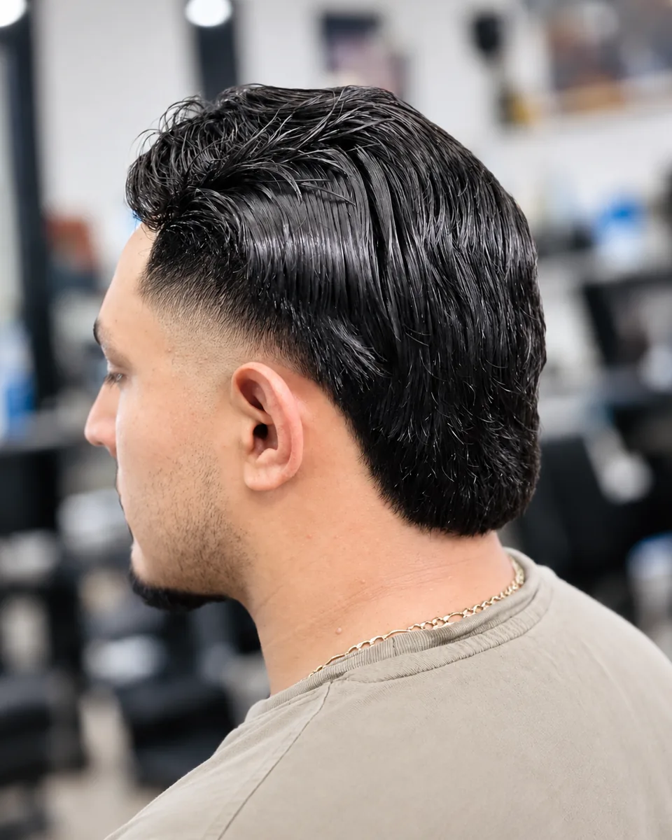 Rear three-quarter view showing a low taper fade with a detailed nape line