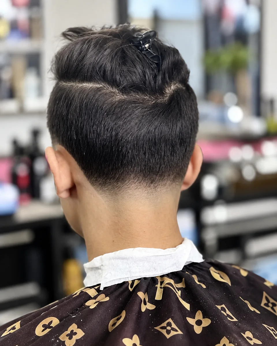 Rear view of a detailed geometric pattern etched into faded hair