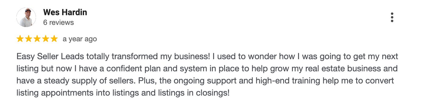Five-star Google review for Easy Seller Leads