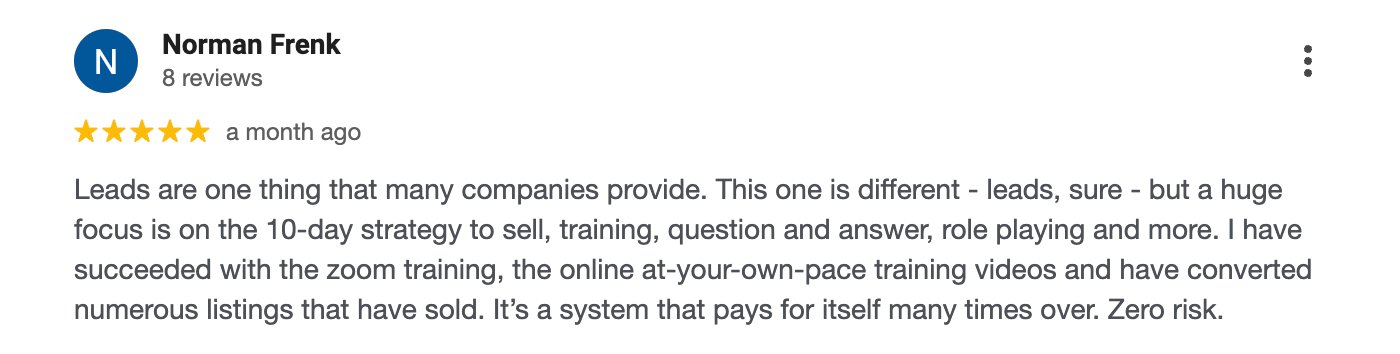 Five-star Google review for Easy Seller Leads