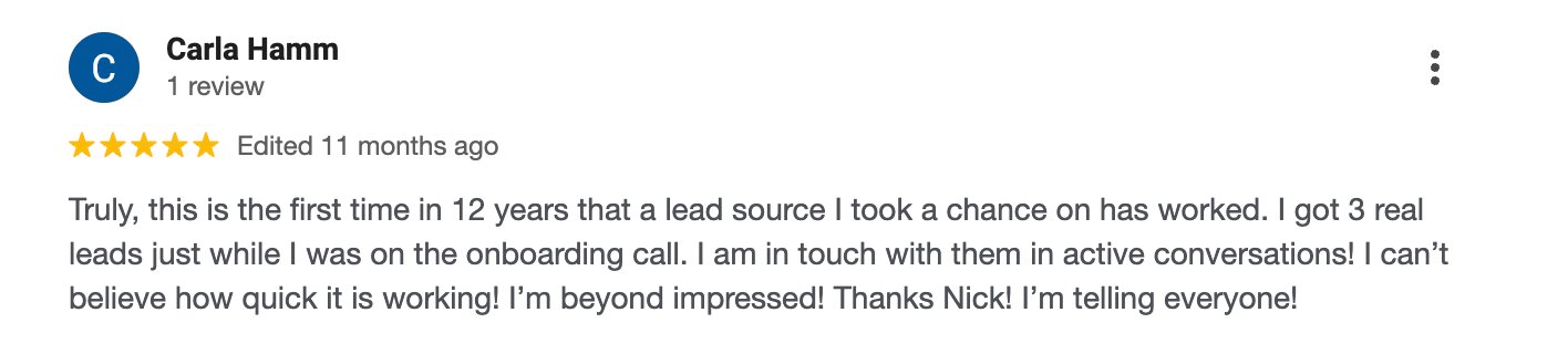 Five-star Google review for Easy Seller Leads