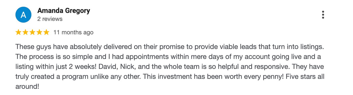 Five-star Google review for Easy Seller Leads