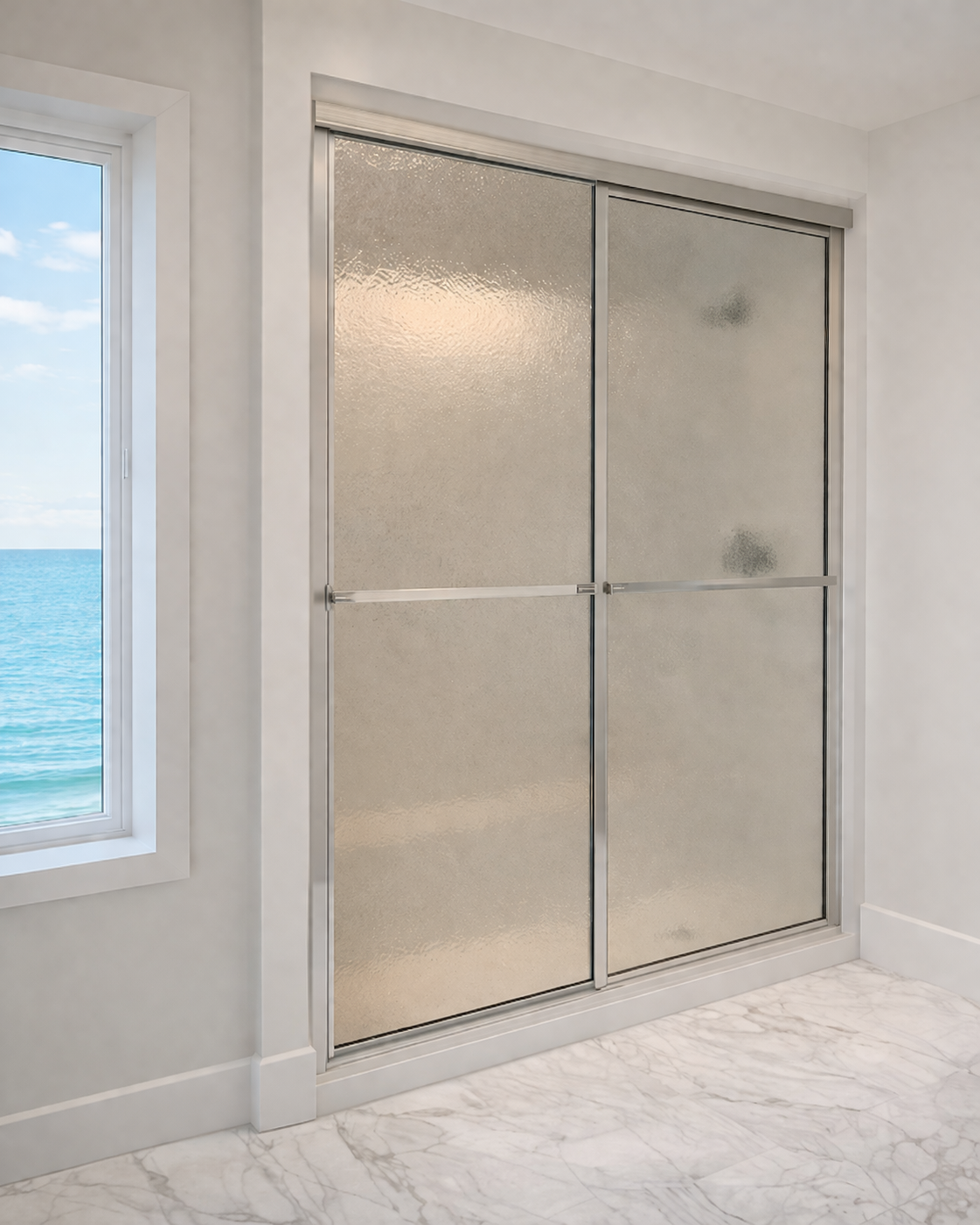 After - clean frameless glass shower with upgraded tile
