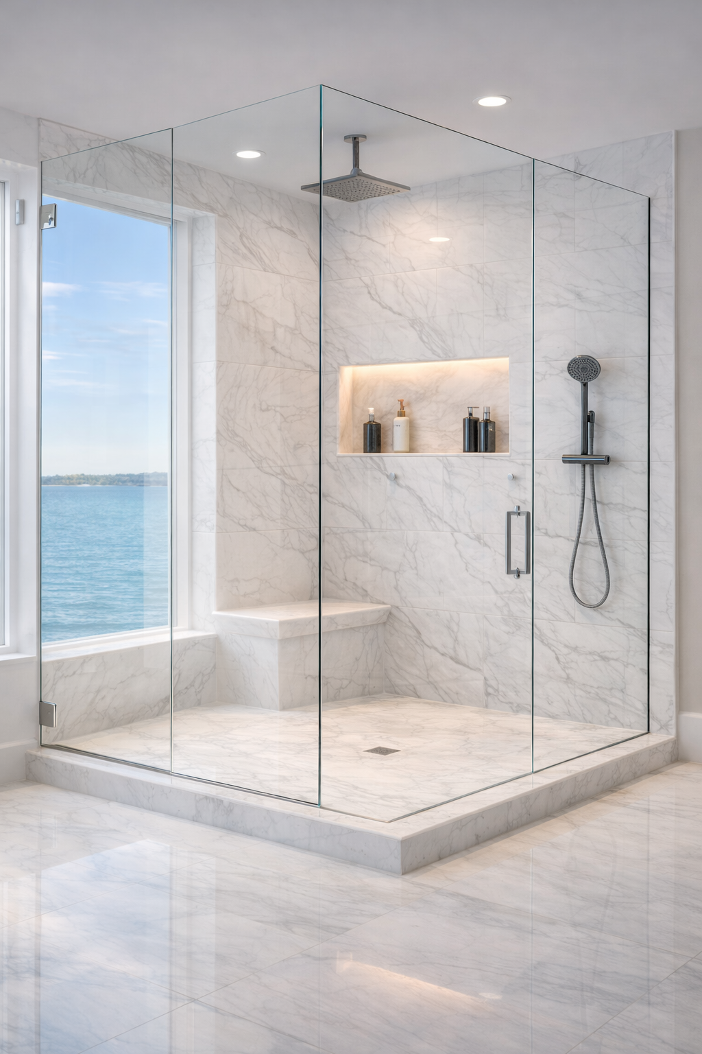 Before - framed shower enclosure with heavy metal lines