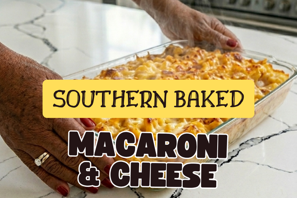 Golden bubbly Southern baked mac and cheese in a cast iron dish, loaded with sharp cheddar and Velveeta, soul food style.