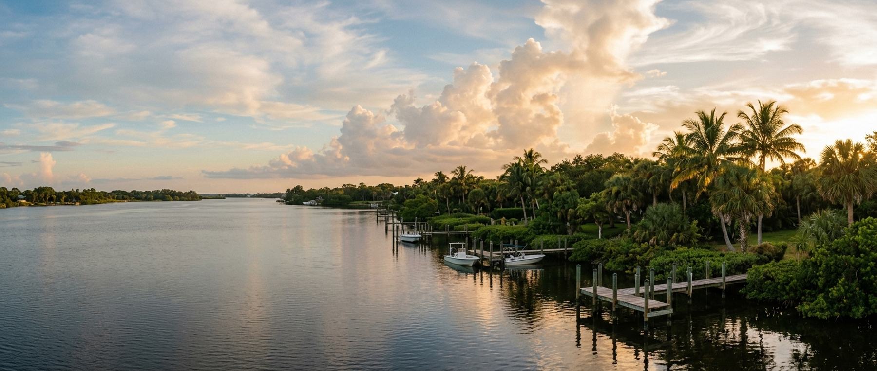 Waterfront homes and docks along the river on Florida's Treasure Coast at sunset