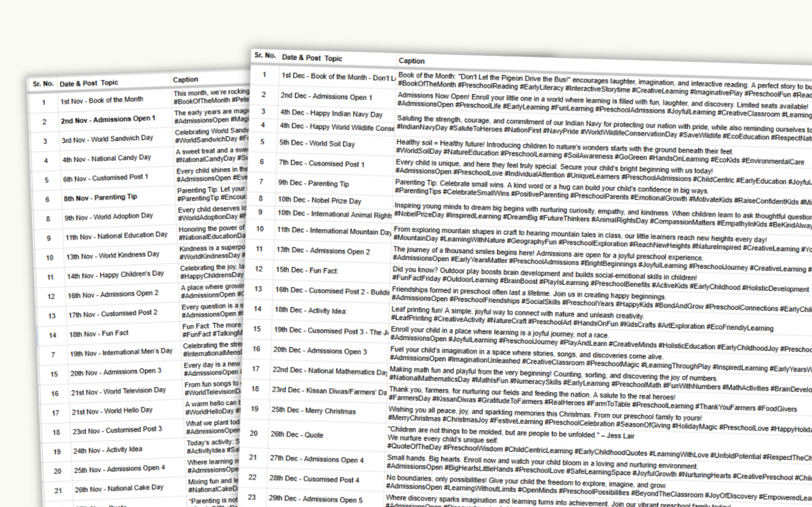Content Google Sheet with dates, captions and hashtags